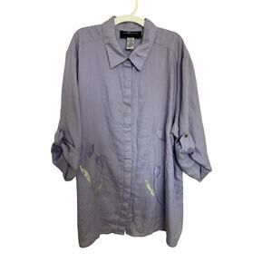 100% Linen Purple Tulip Embroidered Roll Tab Sleeve Tunic Top 22W Coastal